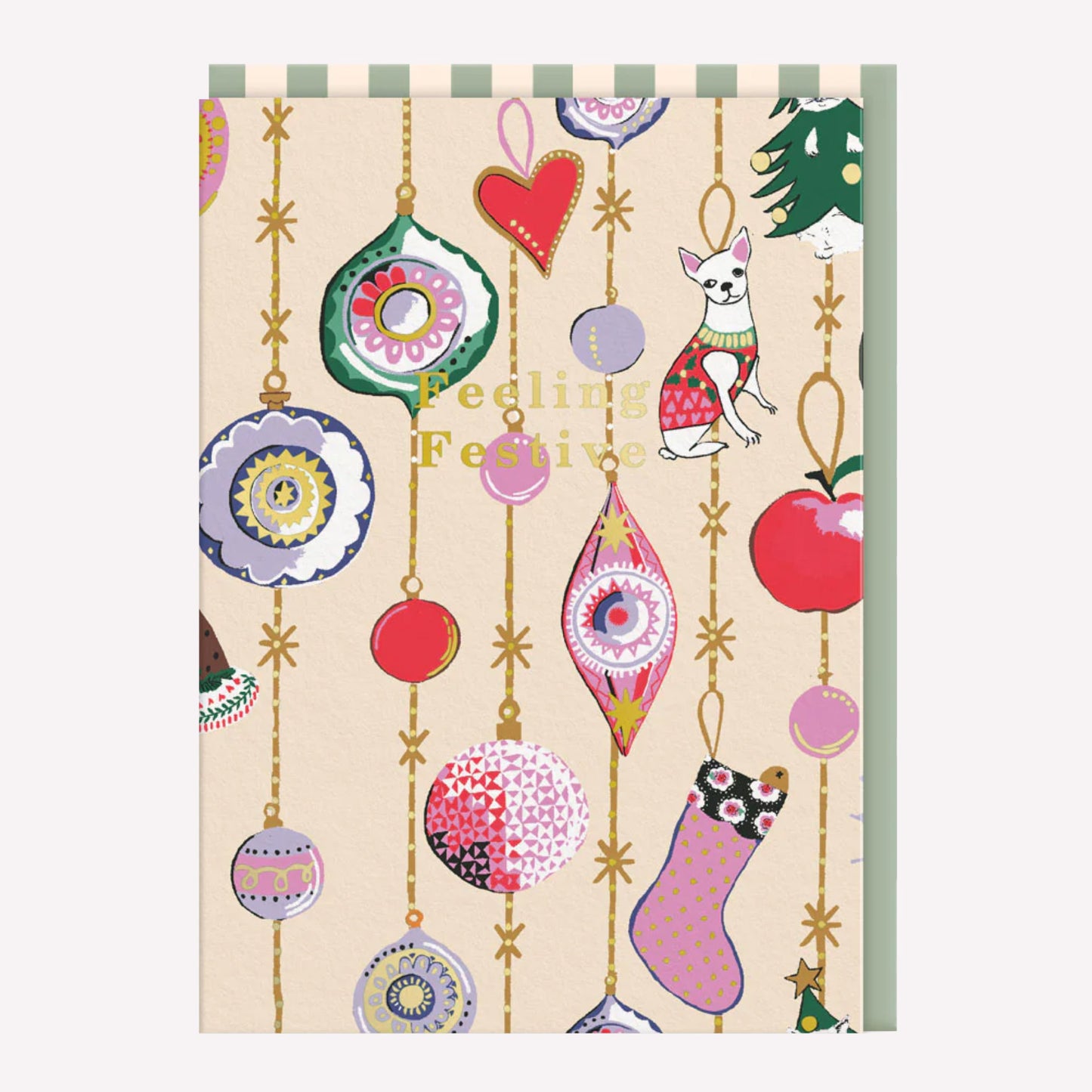 Christmas greetings card with illustrated animals and baubles on a beige background. Gold foil text reads "Feeling Festive."