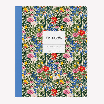 Cover of Ohh Deer's 'Boho Floral' lined exercise notebook. The soft cover features a colourful illustration of a meadow of flowers and has a bright blue spine.