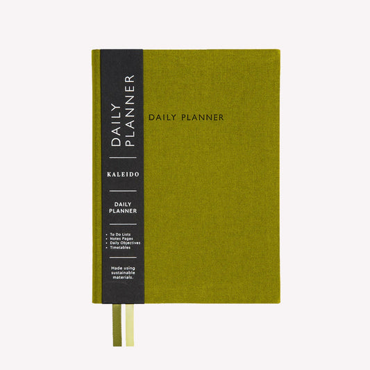 Undated daily planner by Ohh Deer, with an olive green fabric cover and the words "Daily Planner" in black embossed text.