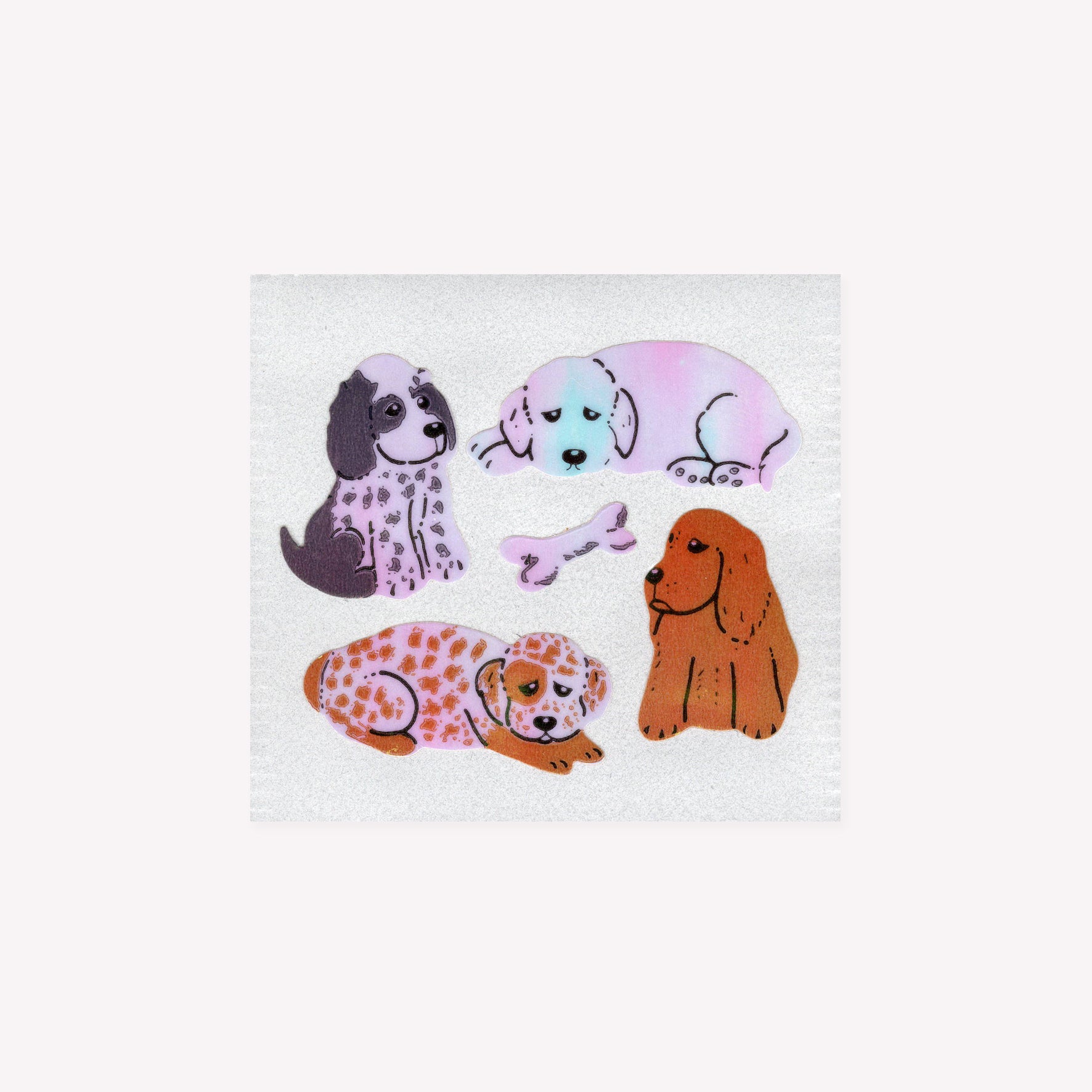 Five pearlie, shiny puppy and bone stickers on a mini sticker sheet from Stickermagic.