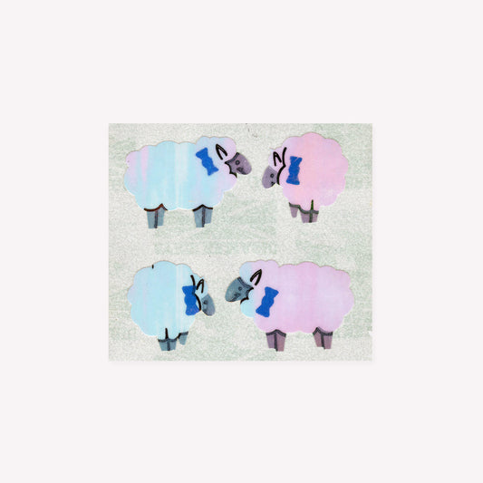 Four pearlie, shiny sheep stickers on a mini sticker sheet from Stickermagic.