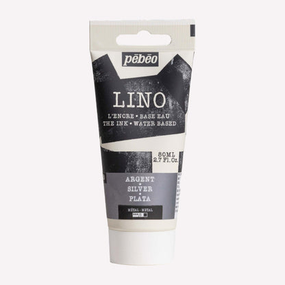 A tube of Pebeo's water-based lino block printing ink in metallic silver.