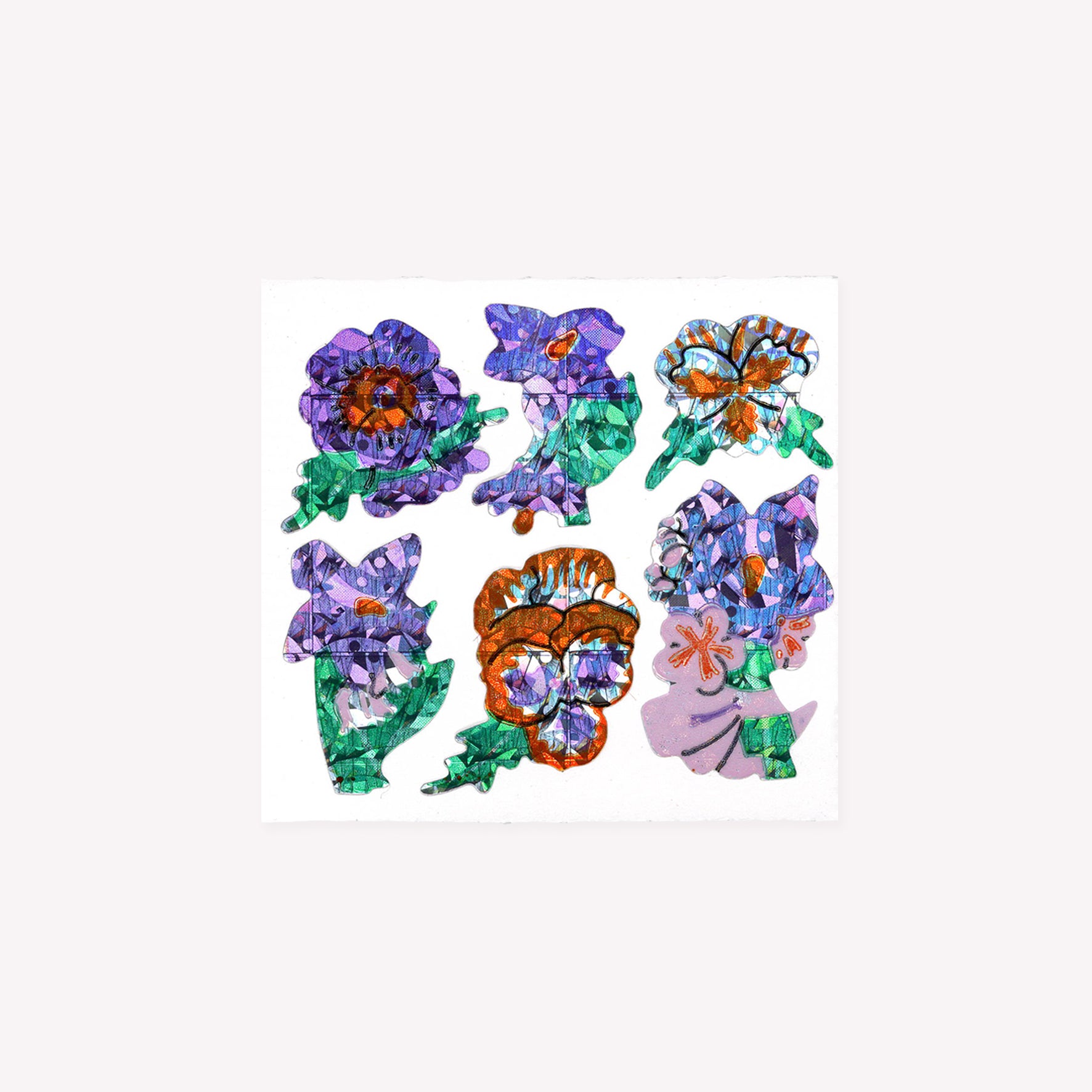 Six sparkly prismatic pansy flower stickers on a mini sticker sheet from Stickermagic.