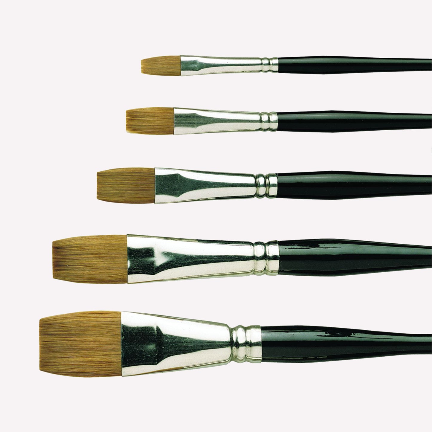 Pro Arte’s Prolene one-stroke paintbrush series in sizes 1/4” to 1”. Brushes have a classy black handle and a silver ferrule. 
