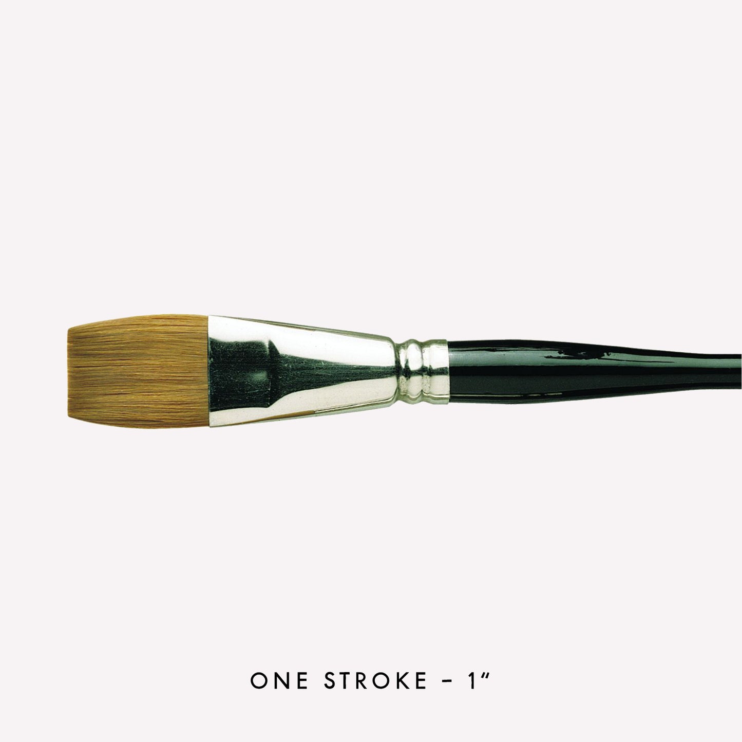 Pro Arte’s Prolene one-stroke paintbrush in size 1” . Brushes have synthetic bristles, an ergonomic  black handle and a silver ferrule. 
