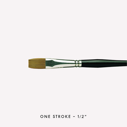 Pro Arte’s Prolene one-stroke paintbrush in size 1/2” . Brushes have synthetic bristles, an ergonomic  black handle and a silver ferrule. 