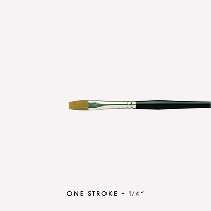 Pro Arte’s Prolene one-stroke paintbrush in size 1/4” . Brushes have synthetic bristles, an ergonomic  black handle and a silver ferrule. 