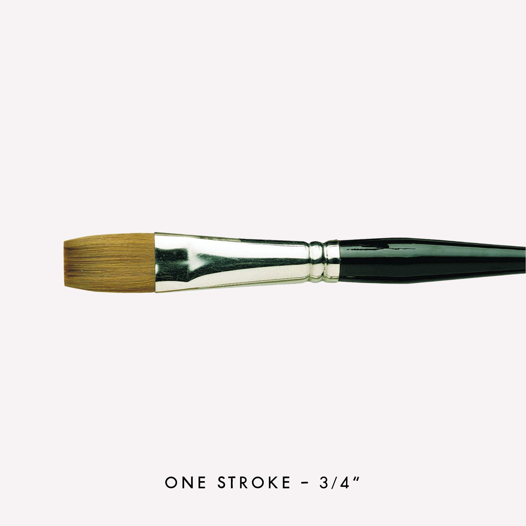 Pro Arte’s Prolene one-stroke paintbrush in size 3/4” . Brushes have synthetic bristles, an ergonomic  black handle and a silver ferrule. 
