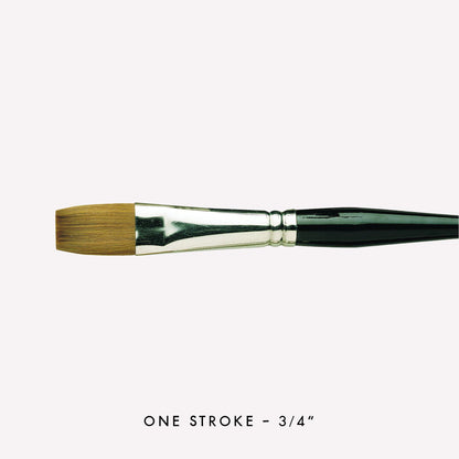 Pro Arte’s Prolene one-stroke paintbrush in size 3/4” . Brushes have synthetic bristles, an ergonomic  black handle and a silver ferrule. 