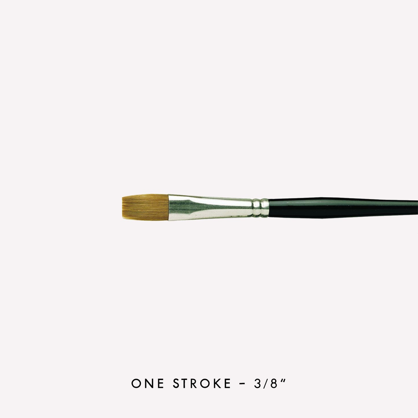 Pro Arte’s Prolene one-stroke paintbrush in size 3/8” . Brushes have synthetic bristles, an ergonomic  black handle and a silver ferrule. 