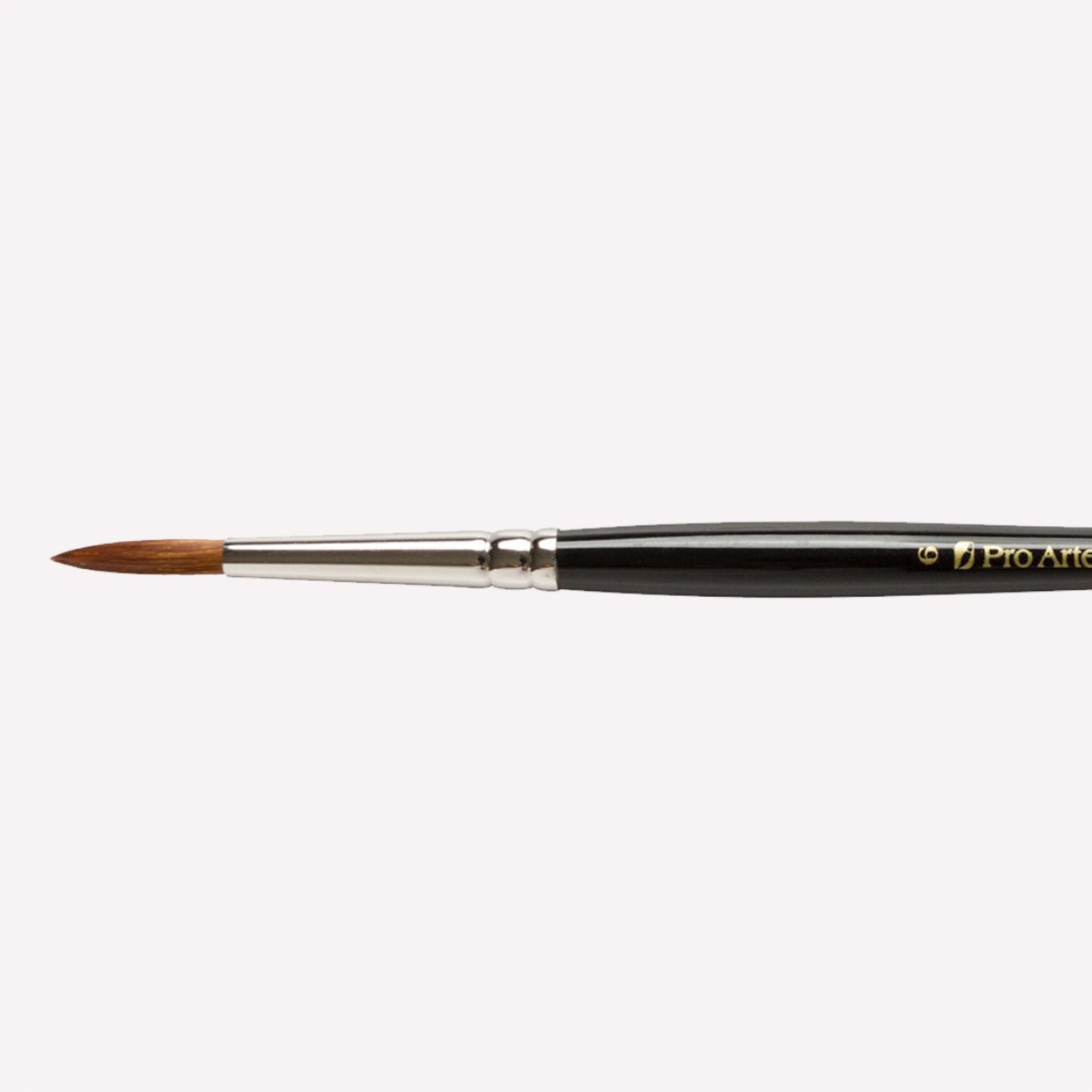 Pro Arte’s Prolene round paintbrush in size 101-6. Brushes have synthetic bristles, an ergonomic black handle and a silver ferrule. 