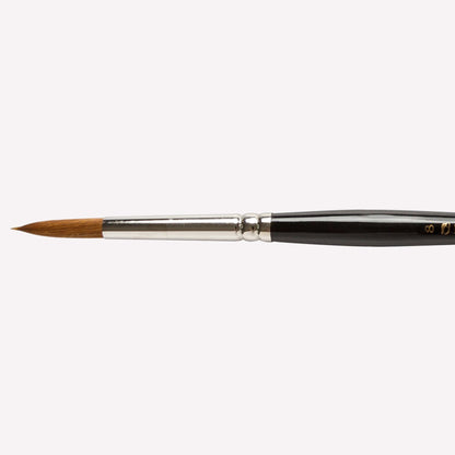 Pro Arte’s Prolene round paintbrush in size 101-8. Brushes have synthetic bristles, an ergonomic black handle and a silver ferrule. 