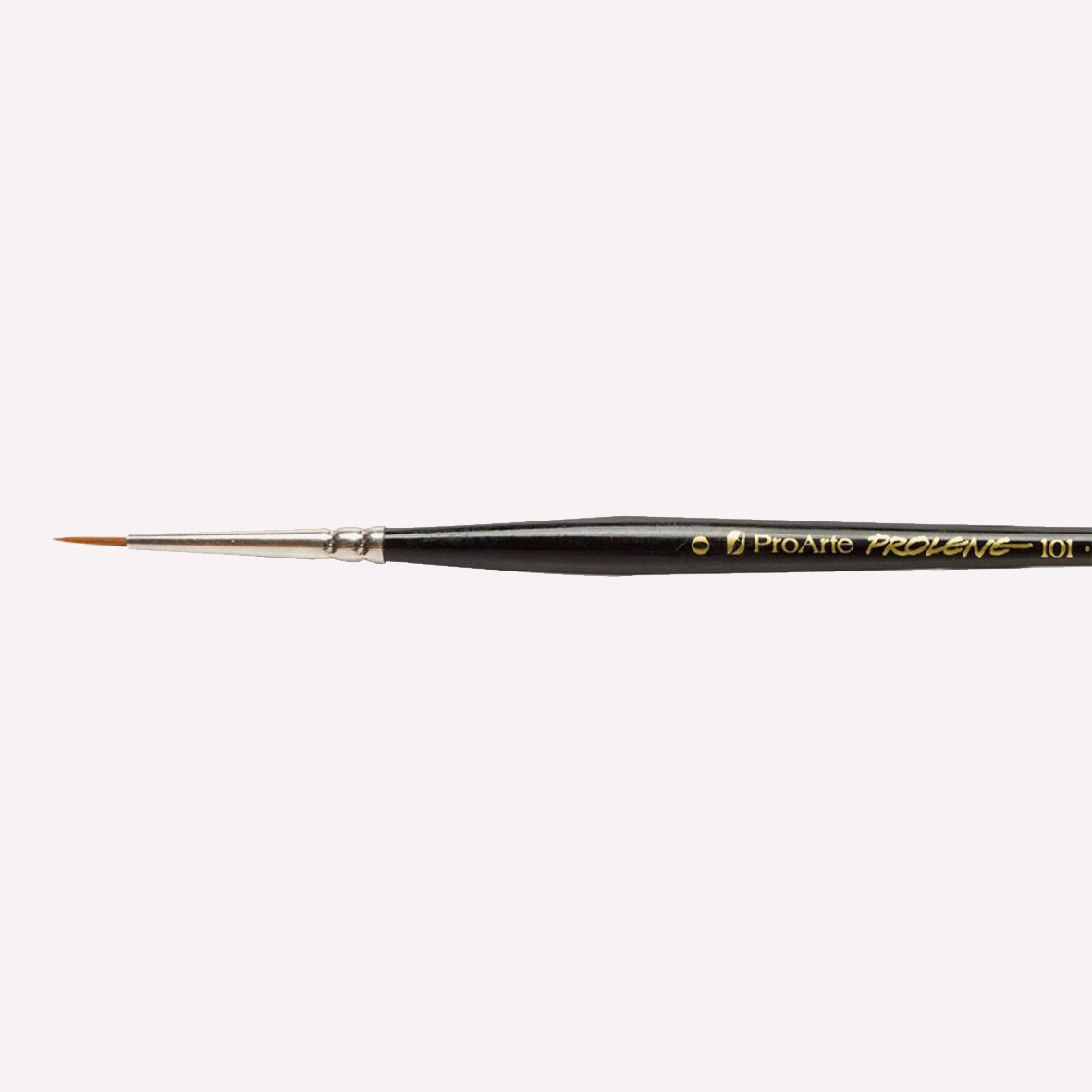 Pro Arte’s Prolene round paintbrush in size 101-0. Brushes have synthetic bristles, an ergonomic black handle and a silver ferrule. 