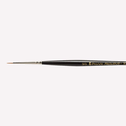 Pro Arte’s Prolene round paintbrush in size 101-3/0. Brushes have synthetic bristles, an ergonomic black handle and a silver ferrule. 