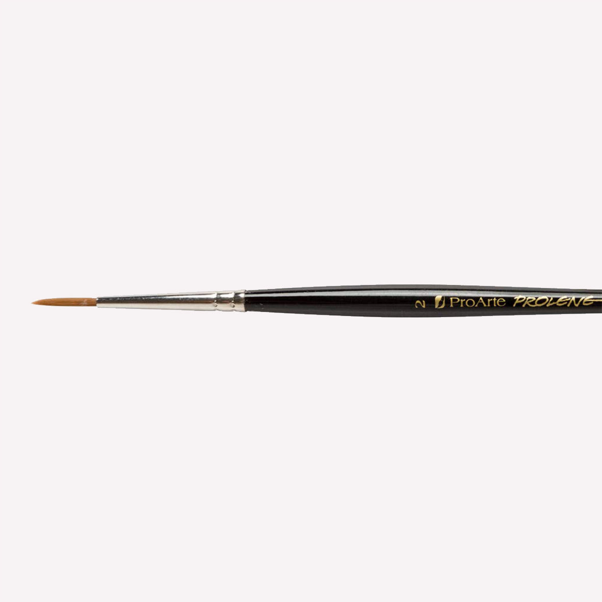 Pro Arte’s Prolene round paintbrush in size 101-2. Brushes have synthetic bristles, an ergonomic black handle and a silver ferrule. 