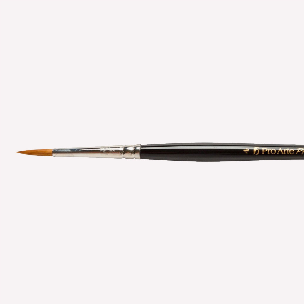 Pro Arte’s Prolene round paintbrush in size 101-4. Brushes have synthetic bristles, an ergonomic black handle and a silver ferrule. 