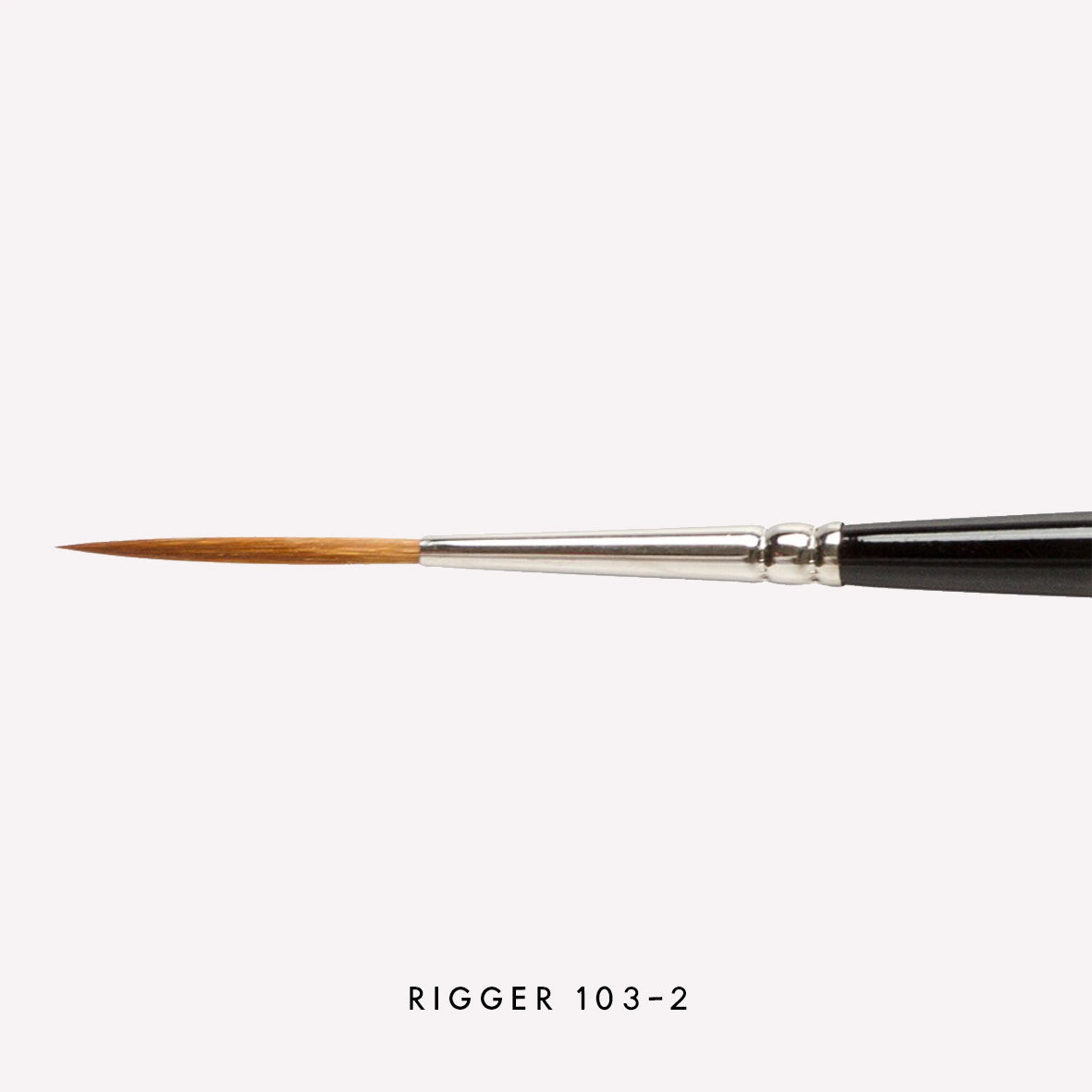 Pro Arte’s Prolene rigger  paintbrush in size 103-2 . Brushes have long synthetic bristles, an ergonomic  black handle and a silver ferrule. 