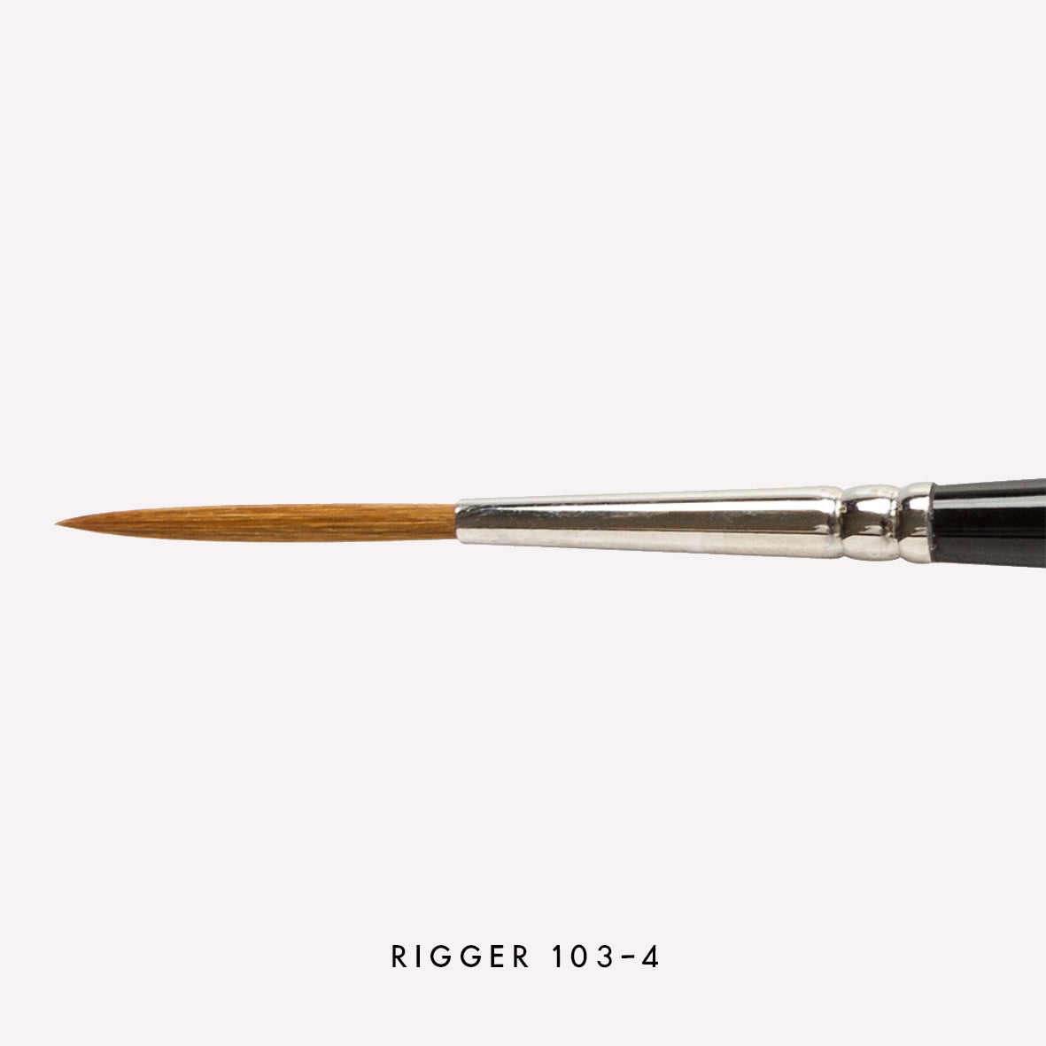 Pro Arte’s Prolene rigger  paintbrush in size 103-4 . Brushes have long synthetic bristles, an ergonomic  black handle and a silver ferrule. 