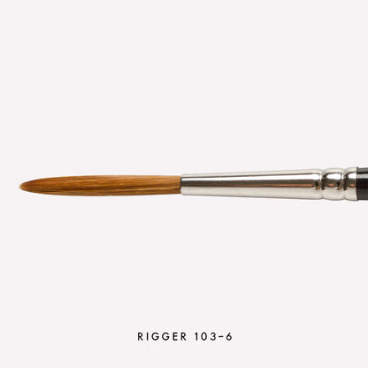 Pro Arte’s Prolene rigger  paintbrush in size 103-6 . Brushes have long synthetic bristles, an ergonomic  black handle and a silver ferrule. 