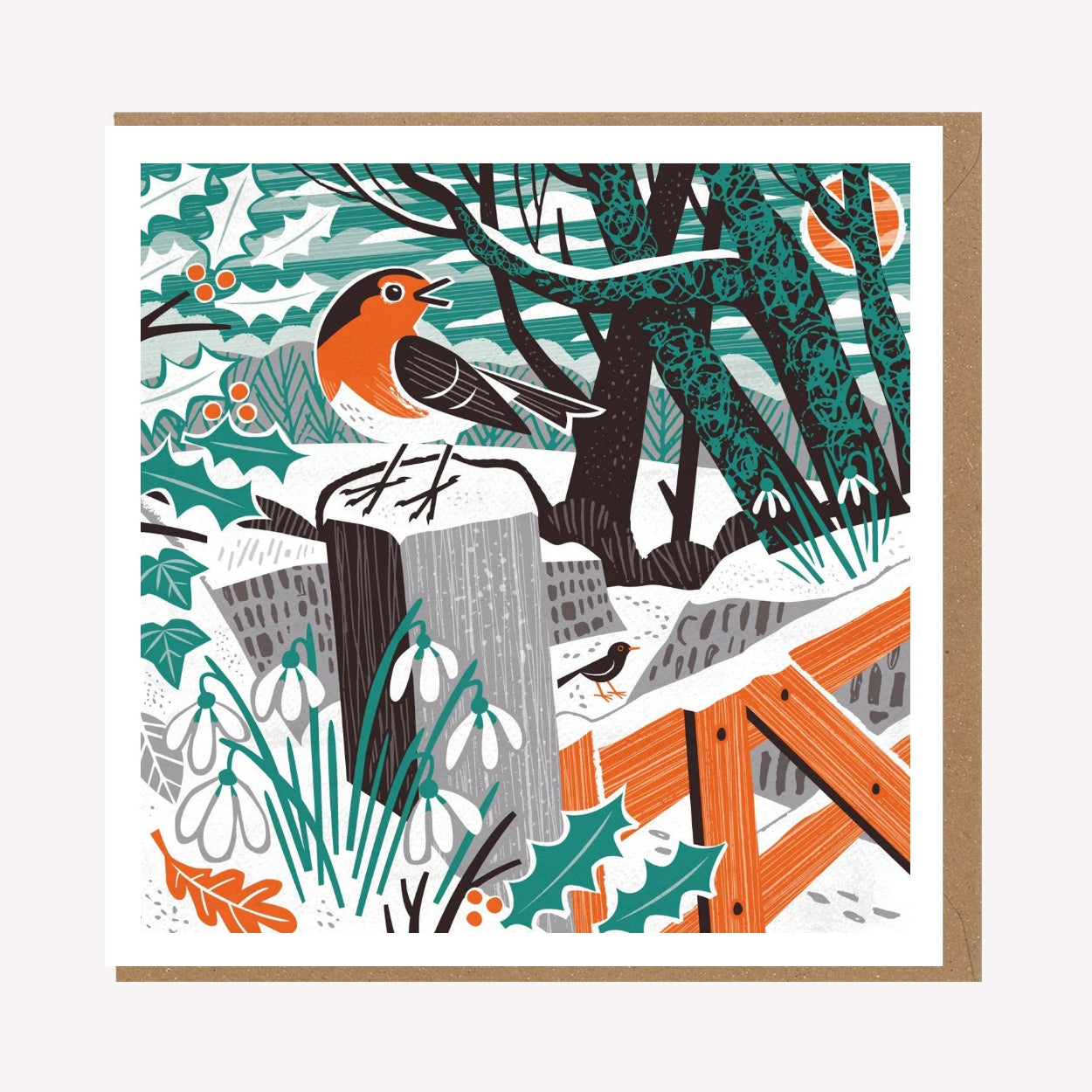 An illustrated greetings card by Matt Johnson, featuring his 'Robin & Snowdrops' Christmas artwork. The square card is paired with a kraft brown envelope.