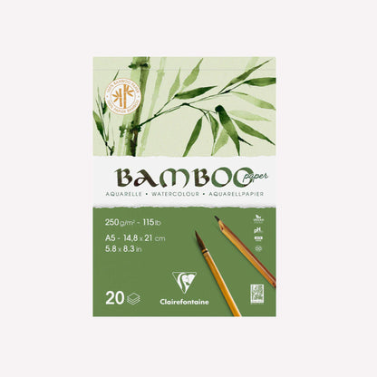 A5 sized pad of Clairefontaine's 100% bamboo watercolour paper. The pad has a design of bamboo leaves and is presented on a white background.