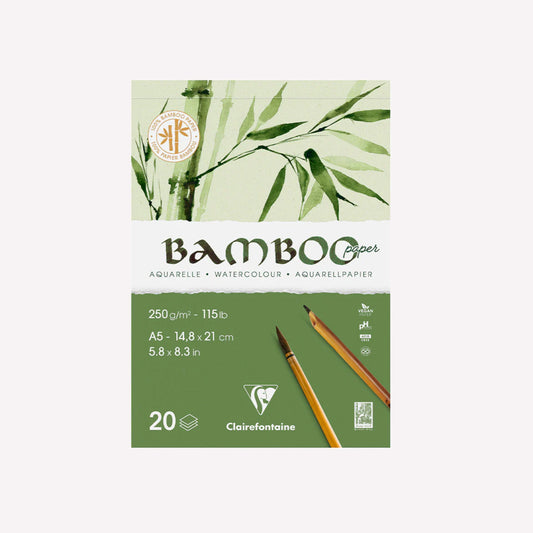 A5 sized pad of Clairefontaine's 100% bamboo watercolour paper. The pad has a design of bamboo leaves and is presented on a white background.
