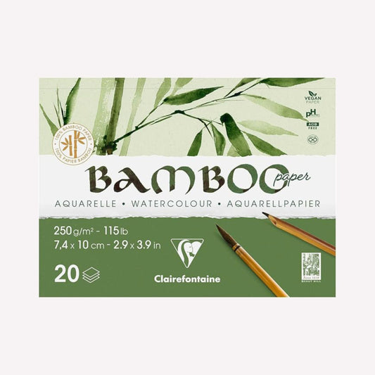 A6 sized pad of Clairefontaine's 100% bamboo watercolour paper. The pad has a design of bamboo leaves and is presented on a white background.