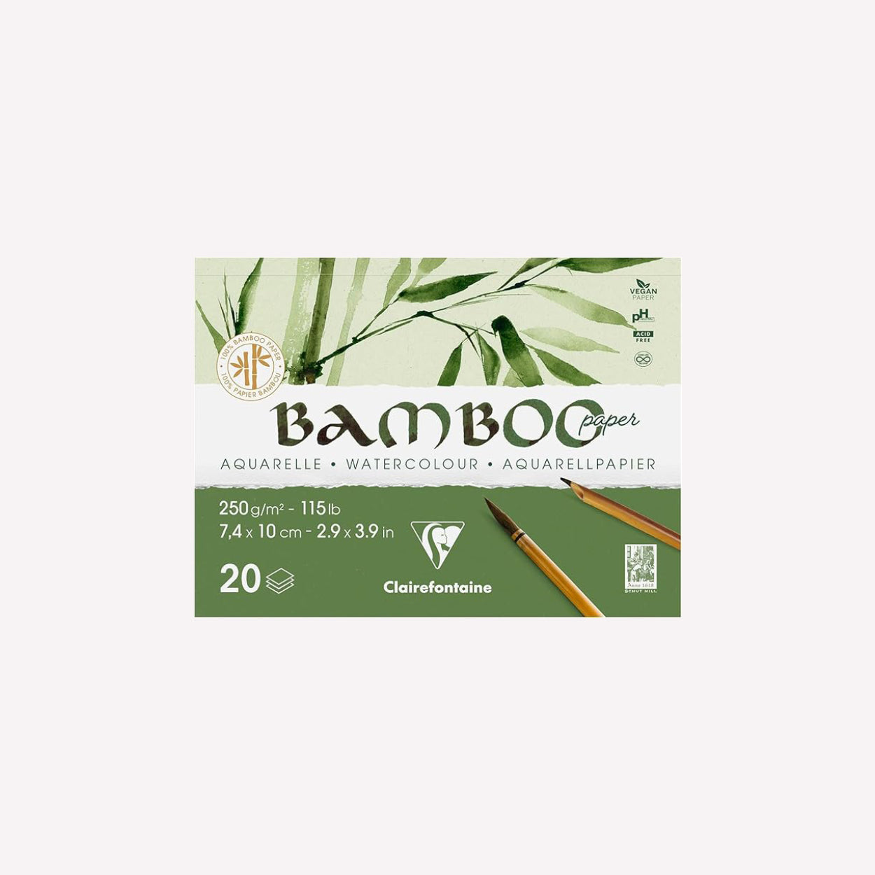 A6 sized pad of Clairefontaine's 100% bamboo watercolour paper. The pad has a design of bamboo leaves and is presented on a white background.