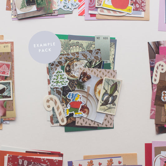 An example journalling & collaging winter edition scrap pack by Salt Art Supply. This green and brown festive themed pack includes patterned & coloured papers, vintage tea cards and old stamps.