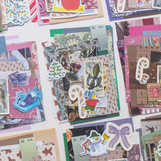 Junk journalling ehemera scrap packs containing coloured and patterned paper, vintage tea cards, book illustrations, postage stamps, curated into colour co-oridinated sets. 