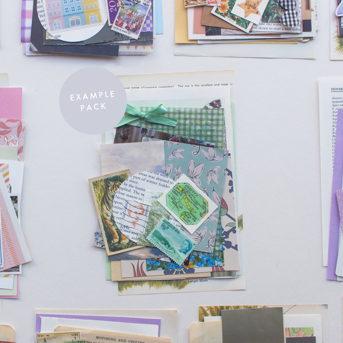 An example journalling & collaging scrap pack by Salt Art Supply. This green colour themed pack includes patterned, coloured and textured papers, vintage tea cards, book illustrations, old stamps, ribbon and more.