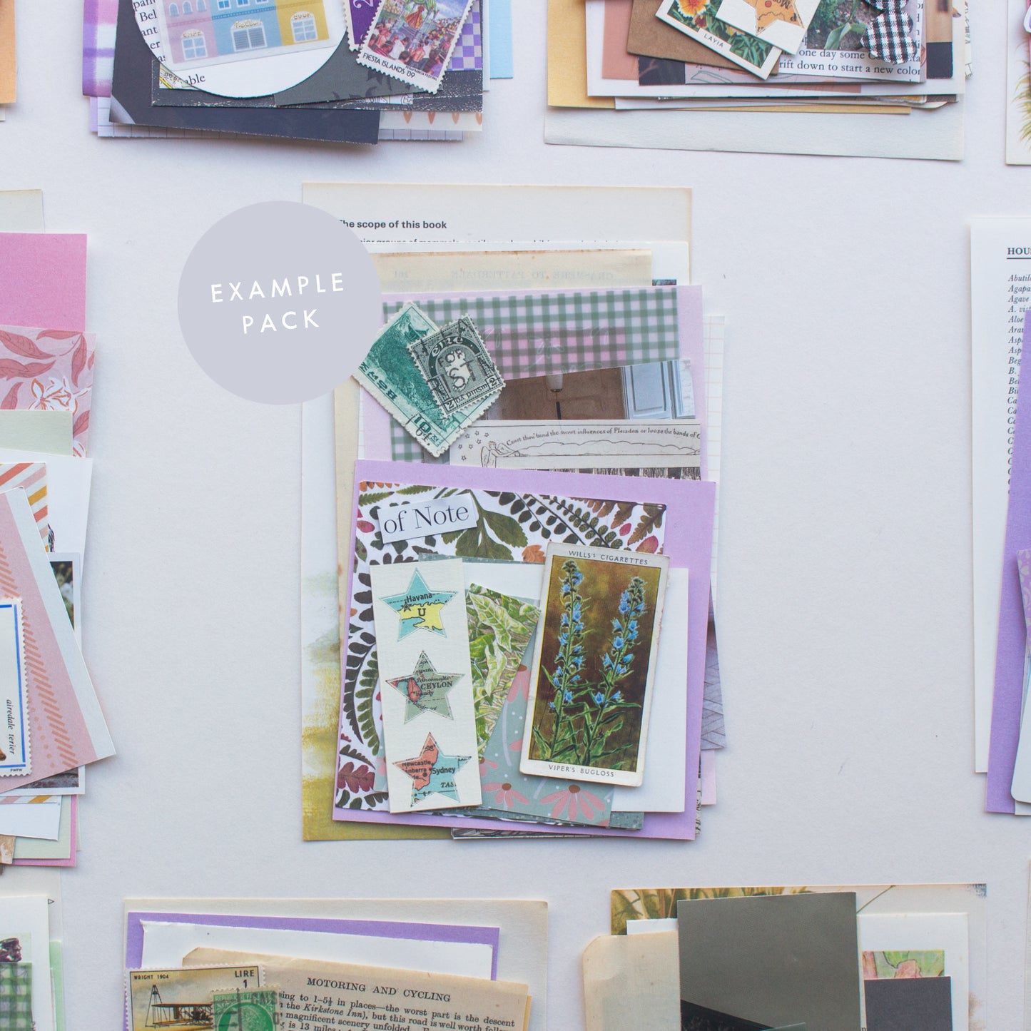 An example journalling & collaging scrap pack by Salt Art Supply. This green and purple colour themed pack includes patterned, coloured and textured papers, vintage tea cards, book illustrations, old stamps, ribbon and more.