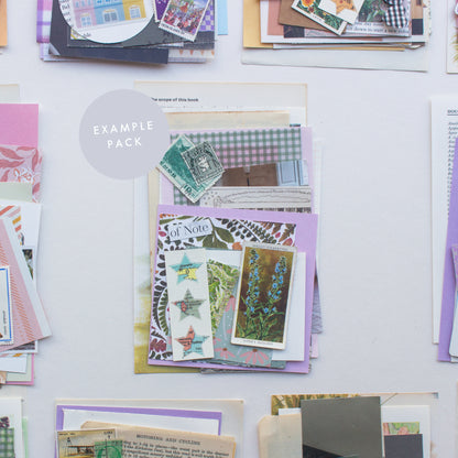 An example journalling & collaging scrap pack by Salt Art Supply. This green and purple colour themed pack includes patterned, coloured and textured papers, vintage tea cards, book illustrations, old stamps, ribbon and more.