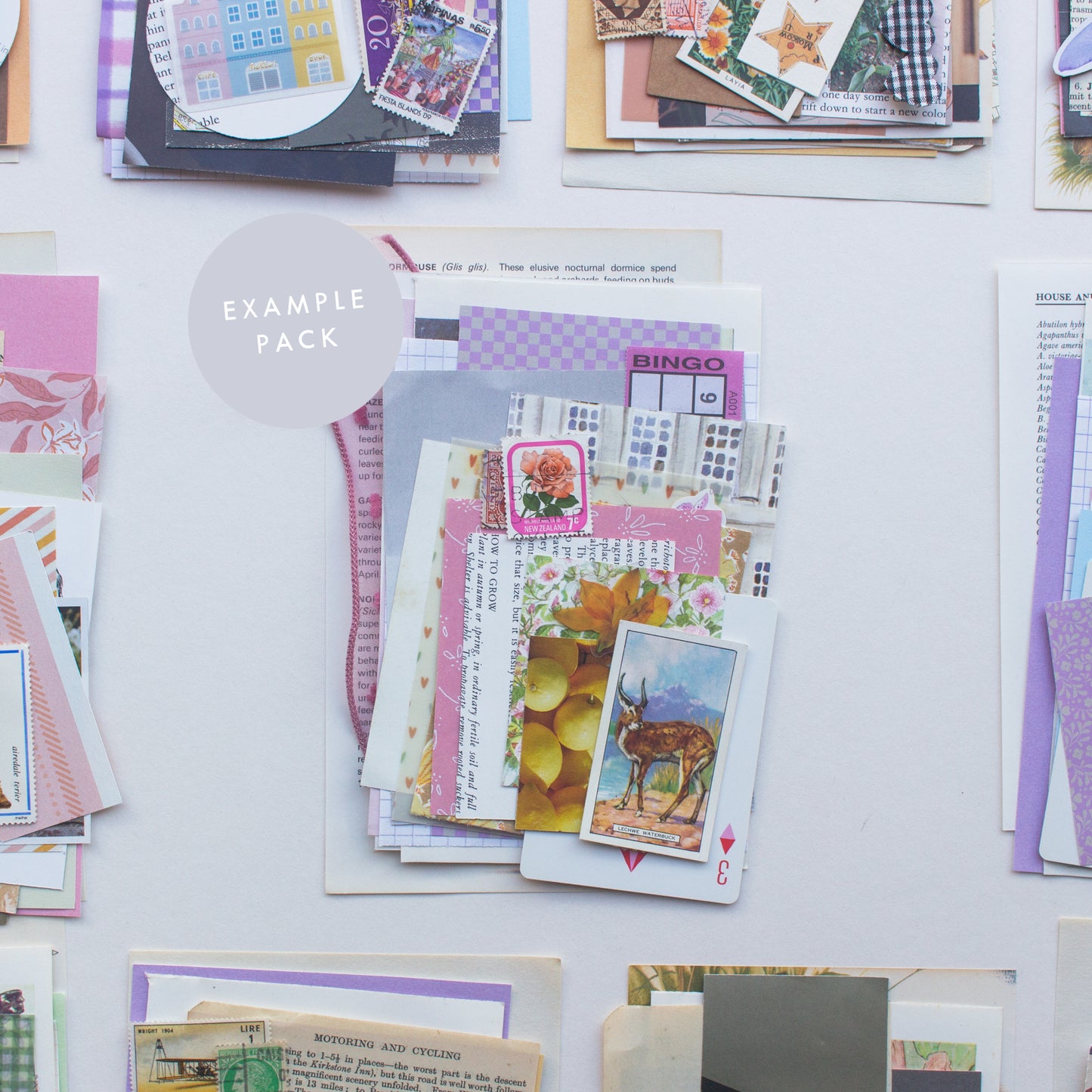 An example journalling & collaging scrap pack by Salt Art Supply. This pink colour themed pack includes patterned, coloured and textured papers, vintage tea cards, book illustrations, old stamps, ribbon and more.