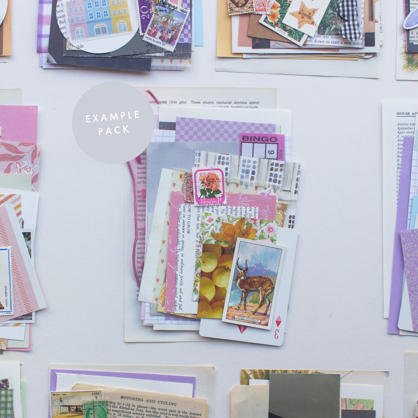 An example journalling & collaging scrap pack by Salt Art Supply. This pink colour themed pack includes patterned, coloured and textured papers, vintage tea cards, book illustrations, old stamps, ribbon and more.