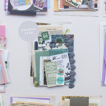 An example journalling & collaging scrap pack by Salt Art Supply. This green and blue colour themed pack includes patterned, coloured and textured papers, vintage tea cards, book illustrations, old stamps, ribbon and more.