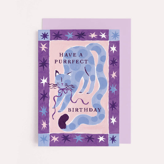 Illustrated greetings card with a quirky cat design and text reading "have a purrfect birthday." 