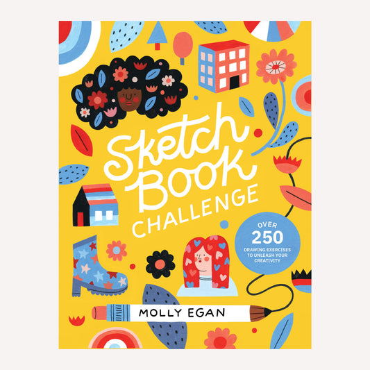 Book cover of 'Sketchbook Challenge' by Molly Egan, with colourful illustrations on a yellow background.