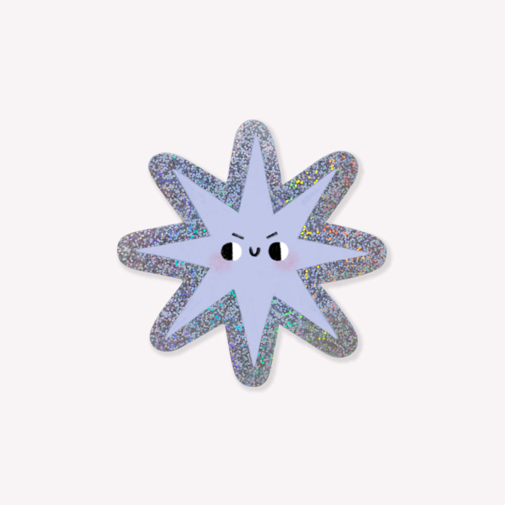 Sparkly sticker with an illustration of a blue smiley star and a glittery outline. 