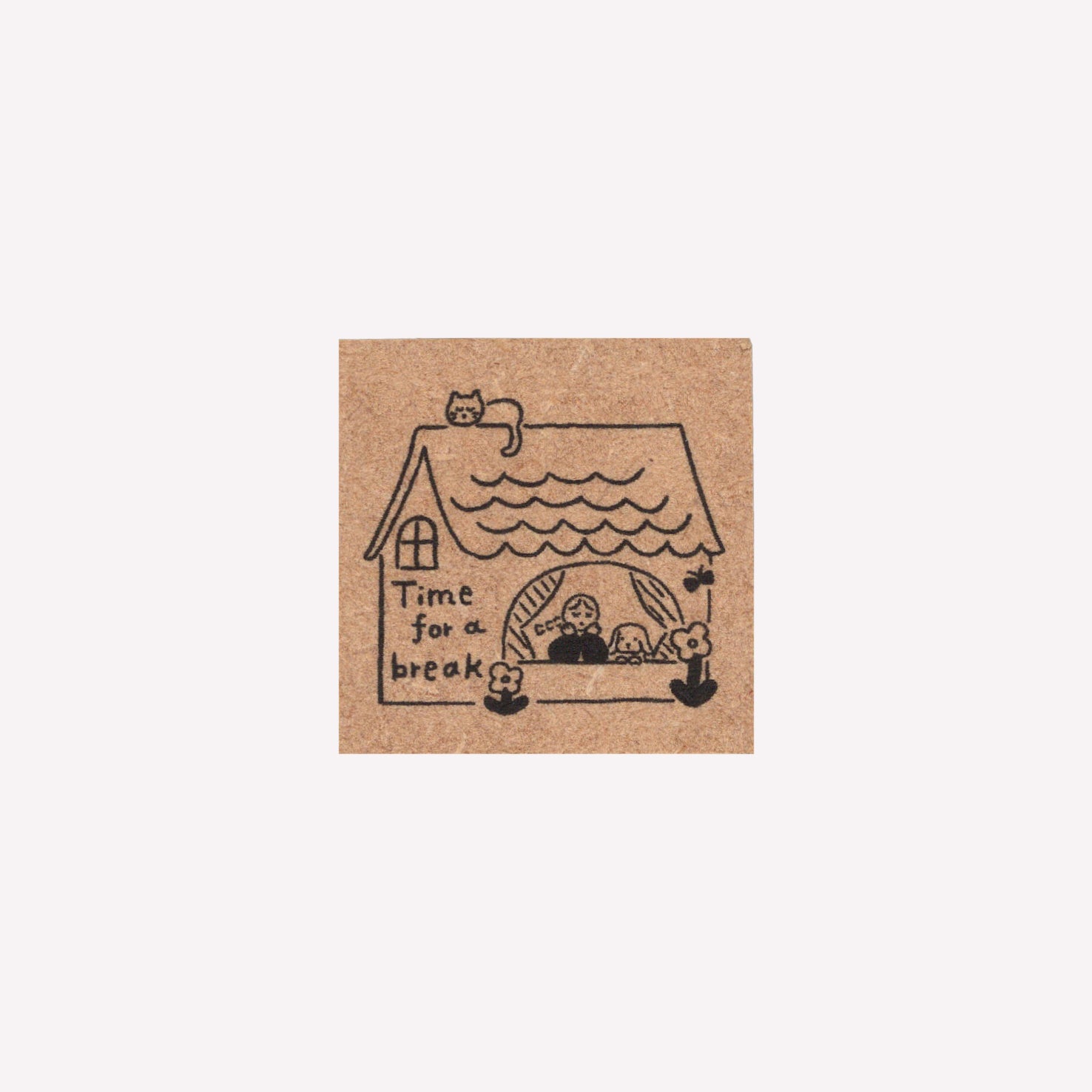 Rubber journalling stamp with a design of a girl in a house with lettering reading "time for a break" 