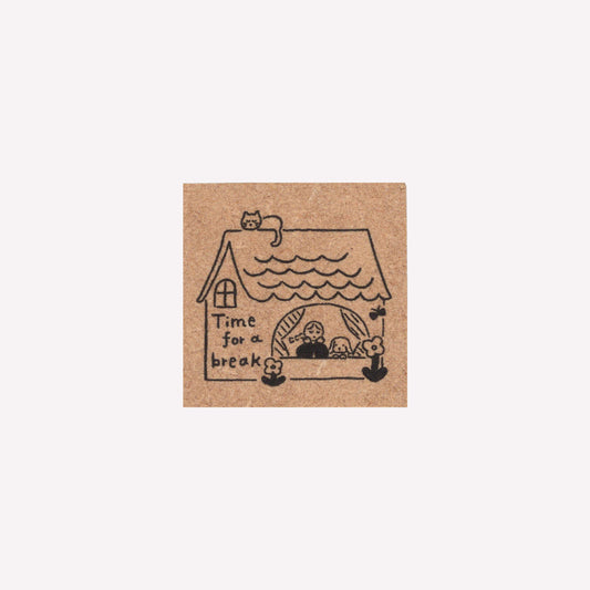 Rubber journalling stamp with a design of a girl in a house with lettering reading "time for a break" 