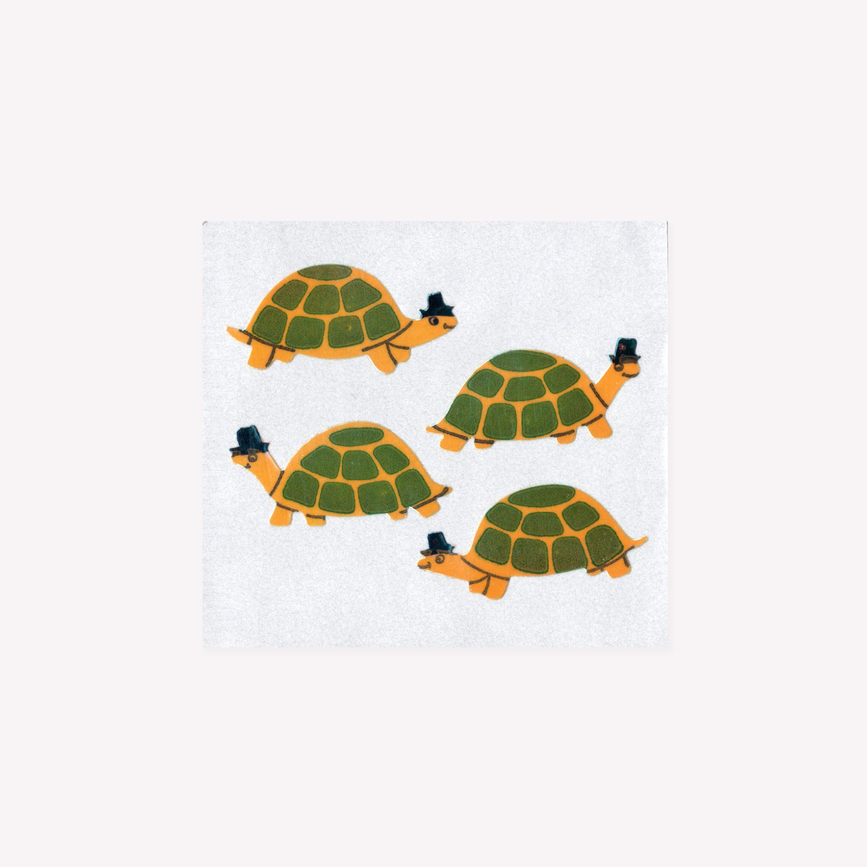 Four pearlie vintage stickers of tortoises wearing top hats, on a mini sticker sheet from Stickermagic