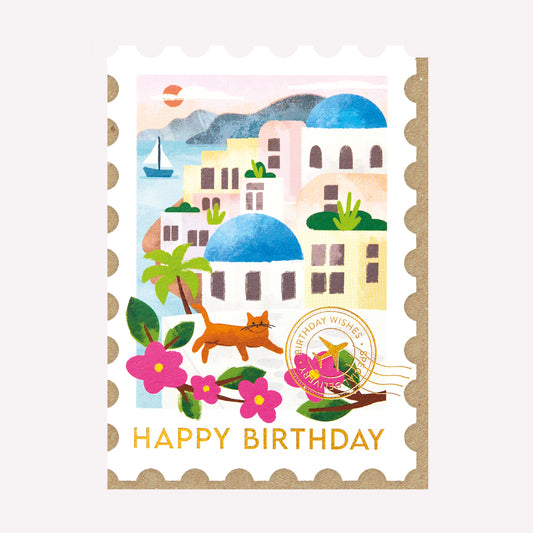 Santorini Stamp Birthday Greetings Card