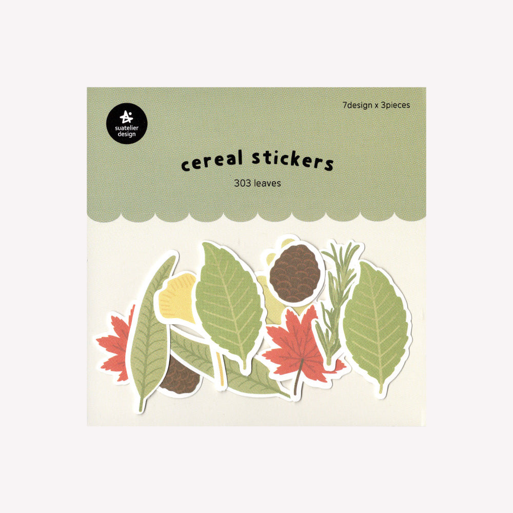 Suatelier Paper Cereal Stickers pack 303 containing 21 autumn leaf illustrated stickers, packaged in a protective plastic sleeve with a cream coloured cardboard backing.  