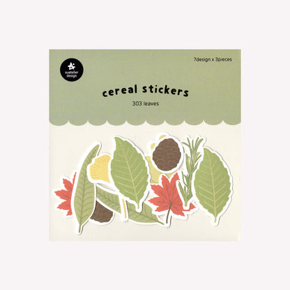 Suatelier Paper Cereal Stickers pack 303 containing 21 autumn leaf illustrated stickers, packaged in a protective plastic sleeve with a cream coloured cardboard backing.  