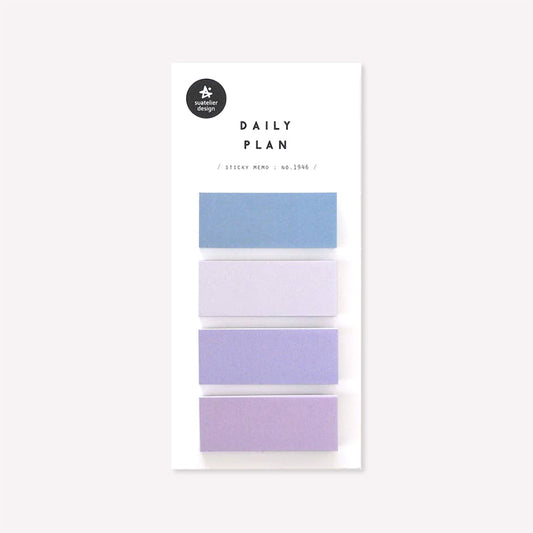 Daily plan memo notes no. 1946 by Suatelier. This pack of sticky memo notes includes four rectangular designs in different shades of blue and purple.