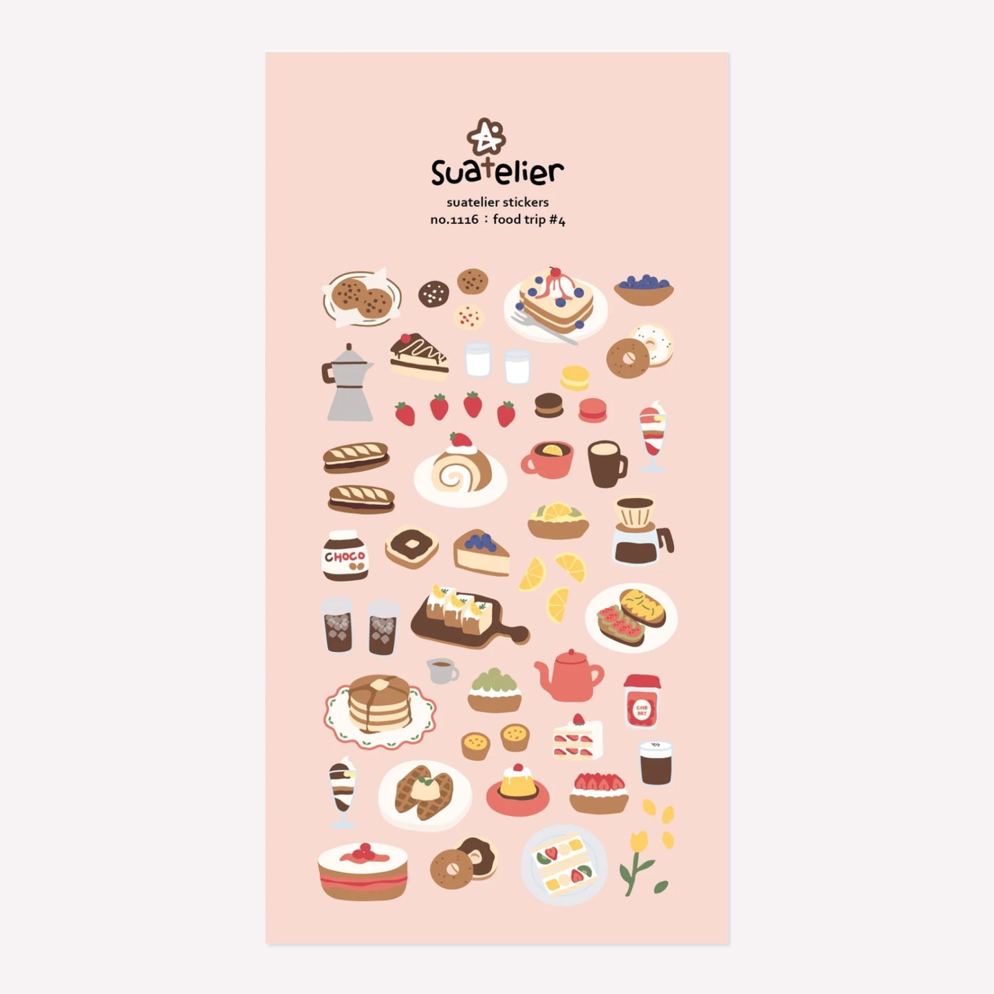 Illustrated sticker sheet no. 1116 "Food Trip #4" by Suatelier. This sticker sheet features a range of everyday food and cafe themed stickers, including a cookies, pancakes and waffles, as well as tea, coffee and iced drinks. 