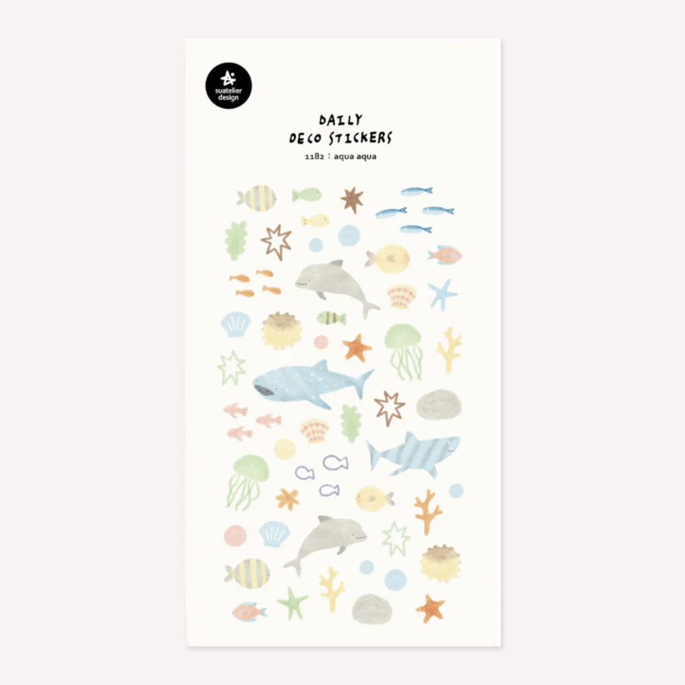 Illustrated sticker sheet no. 1182 "aqua aqua" by Suatelier. This sticker sheet features a range of underwater and sea creature stickers, including fish, sharks, dolphins, whales, coral and starfish.