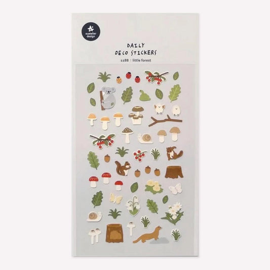 Illustrated sticker sheet no. 1188 "little forest" by Suatelier. This sticker sheet features a range of woodland and forest themed stickers, including leaves, mushrooms, birds, snails, squirrels and other plants.