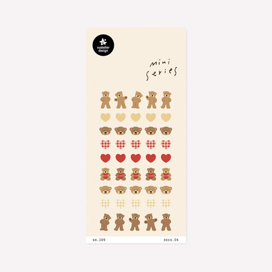 Illustrated mini series sticker sheet no. 109 deco.04 by Suatelier. This sticker sheet features a range of teddy bears, bear faces and hearts in gingham, red and yellow.